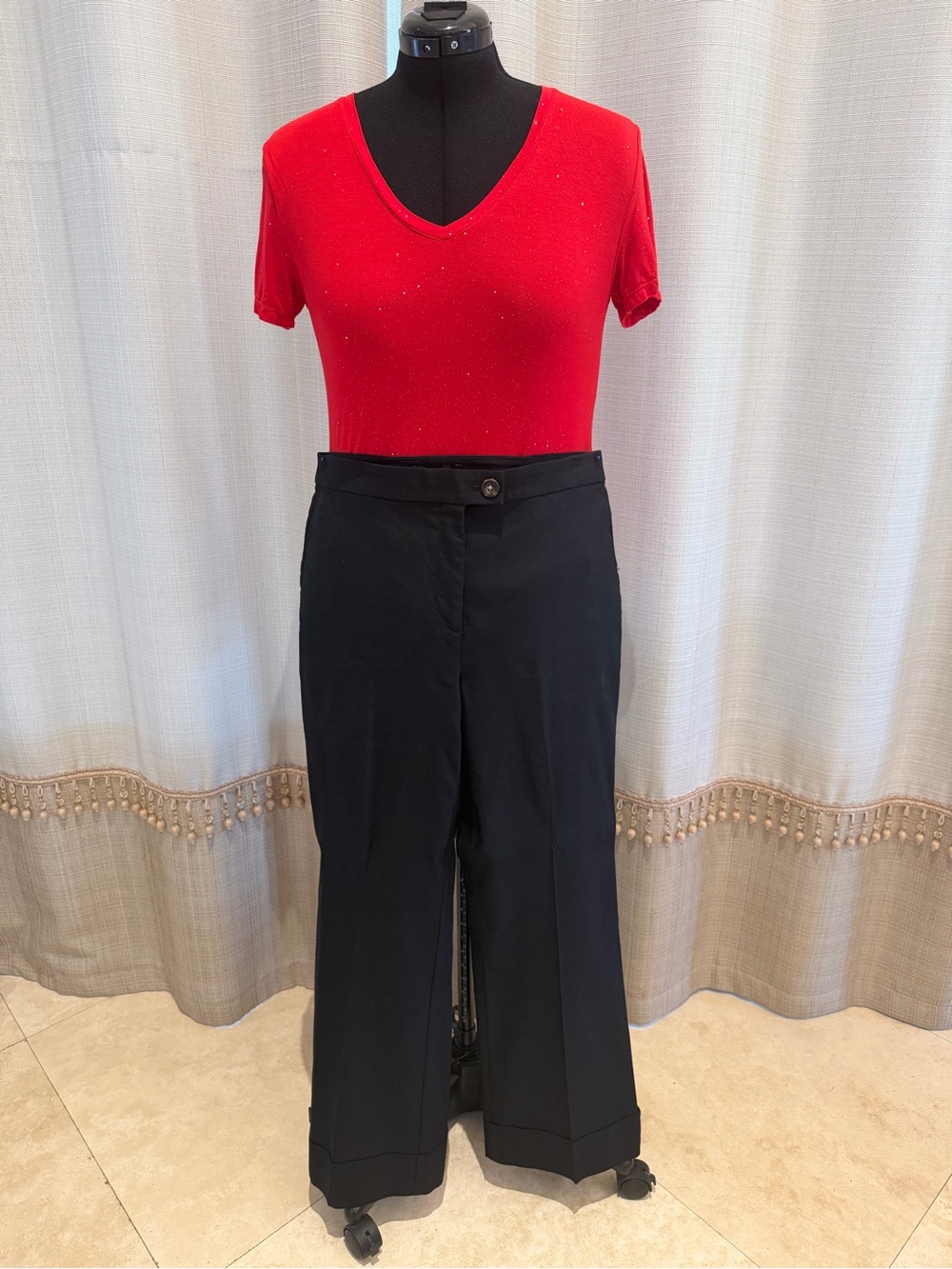 ✨ Ann Taylor Jet Black Linen Twill Cuffed Trouser Pants 10P Hidden Button ✨
